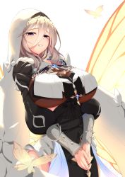 Rule 34 | 1girl, :d, aponia (honkai impact), breasts, brown hair, bug, butterfly, butterfly wings, grin, hair between eyes, highres, honkai (series), honkai impact 3rd, insect, insect wings, kaede acer, large breasts, long hair, long sleeves, looking at viewer, mole, mole under eye, nun, open mouth, orange butterfly, purple eyes, smile, solo, teeth, white background, wings