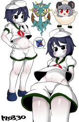 Rule 34 | 2girls, anchor symbol, animal ears, black eyes, black hair, blue footwear, blush, body blush, breasts, closed mouth, colored skin, commentary request, cookie (touhou), cowboy shot, crop top, dated, egg costume, expressionless, full body, grey hair, groin, hat, highres, looking at viewer, medium bangs, midriff, milk (cookie), mouse ears, mouse girl, multiple girls, multiple views, murasa minamitsu, navel, nazrin, neckerchief, nyon (cookie), red eyes, red neckerchief, sailor collar, sailor hat, sailor shirt, shirt, shoes, short hair, shorts, sideways hat, simple background, small breasts, solo focus, tetugakuzonbi, touhou, white background, white headwear, white shirt, white shorts, white skin