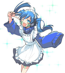 Rule 34 | 1girl, ;d, apron, asymmetrical sleeves, blue eyes, blue hair, blue jacket, bright pupils, colored eyelashes, cowboy shot, ene (kagerou project), facial mark, frilled apron, frills, gamiko chopin, grey skirt, jacket, jersey maid, kagerou project, long hair, long sleeves, looking at viewer, maid, maid apron, maid headdress, one eye closed, open mouth, skirt, sleeves past fingers, sleeves past wrists, smile, solo, sparkle background, track jacket, twintails, unconventional maid, uneven sleeves, v, very long sleeves, white apron, white background, white pupils, zipper pull tab