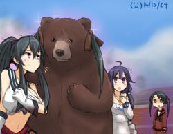 Rule 34 | 10s, 3girls, :d, ahoge, animalization, bear, black hair, breasts, brown eyes, green hair, hamu koutarou, hand on another&#039;s shoulder, kantai collection, large breasts, long hair, mikuma (kancolle), multiple girls, navel, open mouth, ponytail, purple hair, red eyes, school uniform, serafuku, sketch, smile, sparkle, taigei (kancolle), torn clothes, twintails, yahagi (kancolle)