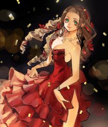 Rule 34 | 1girl, aerith gainsborough, aerith gainsborough (red dress), backless dress, backless outfit, bare shoulders, black background, bracelet, breasts, brown hair, cleavage, confetti, dress, final fantasy, final fantasy vii, final fantasy vii remake, flamenco dress, flower, green eyes, hair flower, hair ornament, hair ribbon, highres, jewelry, long dress, long hair, medium breasts, multiple necklaces, official alternate costume, parted bangs, red dress, ribbon, ringlets, sidelocks, solo, talesofmea, upper body, wall market, wavy hair