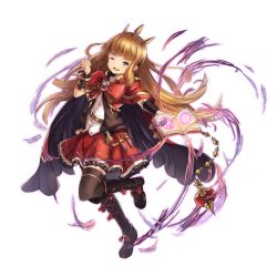 Rule 34 | 1girl, absurdres, aura, blonde hair, book, boots, bow, brooch, cagliostro (granblue fantasy), capelet, cloak, dress, frilled dress, frilled skirt, frills, granblue fantasy, hamidashi-kun, headband, highres, jewelry, knee boots, looking at viewer, one eye closed, red bow, simple background, skirt, smile, white background