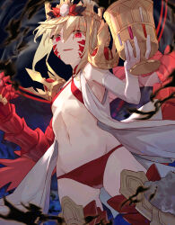 Rule 34 | 1girl, blonde hair, breasts, chalice, crown, cup, elbow gloves, facial mark, fate/grand order, fate (series), from below, gauntlets, gloves, gluteal fold, halterneck, head tilt, highres, looking at viewer, looking down, nero claudius (fate), nero claudius (fate) (all), pale skin, panties, queen draco (fate), queen draco (second ascension) (fate), red eyes, red panties, small breasts, smile, tesin (7aehyun), underwear