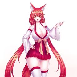 Rule 34 | 1girl, animal ears, blush, breasts, brown eyes, fox ears, japanese clothes, jtaro, large breasts, legs, long hair, looking at viewer, markings, miho (talesrunner), pointy ears, red hair, ribbon, simple background, skirt, smile, tail, talesrunner, white background