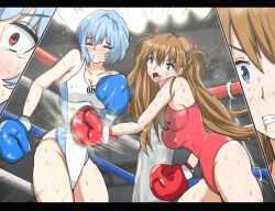 Rule 34 | 2girls, artist request, ayanami rei, bad anatomy, blush, boxing gloves, boxing ring, brown hair, clenched teeth, fighting, highleg, highleg swimsuit, long hair, looking at another, moaning, motion lines, multiple girls, neon genesis evangelion, one-piece swimsuit, punching, red one-piece swimsuit, shiny clothes, short hair, simple background, souryuu asuka langley, steaming body, sweat, sweatdrop, swimsuit, tears, teeth, two side up, violence, white one-piece swimsuit
