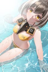 Rule 34 | 1girl, absurdres, arknights, bare shoulders, bikini, breasts, brown hair, from above, grey hair, highres, looking at viewer, looking up, magallan (arknights), mask, mask around neck, medium breasts, multicolored hair, navel, parted lips, rhine lab logo, shallow water, short hair, sitting, solo, streaked hair, swimsuit, thigh gap, two-tone hair, water, yellow bikini, yellow eyes, zhengqi zhizi sg