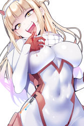 Rule 34 | 1girl, blonde hair, blood, blunt bangs, bodysuit, boku no hero academia, breasts, commentary, cosplay, covered navel, darling in the franxx, english commentary, fangs, hand up, highres, hot vr, large breasts, licking, licking finger, long hair, looking at viewer, patreon logo, patreon username, pixiv logo, pixiv username, simple background, smile, solo, teeth, toga himiko, tongue, tongue out, upper teeth only, white bodysuit, yellow eyes, zero two (darling in the franxx), zero two (darling in the franxx) (cosplay)