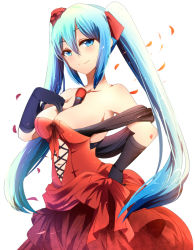 Rule 34 | 1girl, backlighting, bare shoulders, between breasts, black gloves, blue eyes, blue hair, breasts, cleavage, dress, elbow gloves, gloves, hair ribbon, half-closed eyes, hatsune miku, highres, large breasts, long hair, looking at viewer, magukappu, matching hair/eyes, microphone, microphone stand, off shoulder, petals, red dress, ribbon, smile, solo, twintails, very long hair, vocaloid