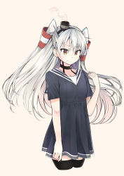Rule 34 | 1girl, alternate costume, amatsukaze (kancolle), black dress, black thighhighs, breasts, brown eyes, dress, garter straps, grey hair, hair tubes, highres, kantai collection, long hair, myuto (advent retribution), short dress, short sleeves, small breasts, smoke, smokestack hair ornament, solo, thighhighs, two side up