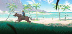 Rule 34 | 1boy, amemura (caramelo), blonde hair, boots, day, grass, horse, horseback riding, link, mountain, nintendo, ocean, outdoors, palm tree, pants, riding, shield, shield on back, shirt, sidelocks, solo, sword, the legend of zelda, the legend of zelda: breath of the wild, tree, water, weapon