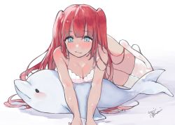 Rule 34 | 1girl, :/, blue eyes, blush, bra, breasts, cleavage, long hair, looking at viewer, lying, medium breasts, original, pink hair, solo, stuffed animal, stuffed dolphin, stuffed toy, sweat, thighhighs, twintails, underwear, underwear only, uni (melm), very long hair, white bra, white thighhighs