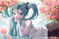 Rule 34 | 1girl, aqua eyes, aqua hair, aqua necktie, bare arms, bare shoulders, black skirt, blush, collared shirt, flower, hatsune miku, highres, kaon (kaon ll), long hair, looking at viewer, lying, necktie, on stomach, petals, pink flower, pink rose, playing with own hair, pleated skirt, rose, shallow water, shirt, skirt, sleeveless, sleeveless shirt, solo, twintails, vocaloid, water, wet, wet hair, white shirt