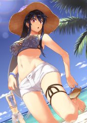 Rule 34 | 2girls, :o, abo (hechouchou), ass, barefoot, beach, bikini, black hair, blue hair, breasts, brown bikini, day, floral print, from below, gotland (kancolle), hair down, hat, highres, kantai collection, long hair, looking at viewer, looking down, medium breasts, multiple girls, official alternate costume, open mouth, outdoors, palm tree, ponytail, red eyes, sandals, short shorts, shorts, sidelocks, solo focus, sun hat, swimsuit, tree, very long hair, white bikini, yahagi (kancolle)