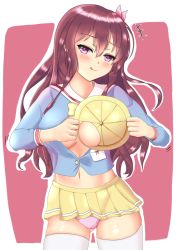 Rule 34 | 1girl, aged up, alternate breast size, azur lane, brown hair, commentary request, cosplay, gluteal fold, hair ornament, hat, historical name connection, hole, kantai collection, kindergarten uniform, kisaragi (azur lane), kisaragi (azur lane) (cosplay), kisaragi (kancolle), long hair, looking at viewer, name connection, navel, oversized clothes, panties, pink panties, pleated skirt, purple eyes, school hat, skirt, solo, thighhighs, tomohiro (duo), tongue, tongue out, underwear, yellow skirt