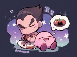 Rule 34 | 1boy, black hair, blush stickers, chibi, closed eyes, closed mouth, crossed arms, drooling, facial scar, fingerless gloves, gloves, indian style, kirby, kirby (series), kotorai, male focus, maxim tomato, mishima kazuya, mouth drool, nintendo, no nose, pants, red gloves, scar, scar on cheek, scar on face, sitting, sleeping, sleeping upright, star (symbol), super smash bros., tekken, thought bubble, v-shaped eyebrows, white pants, zzz