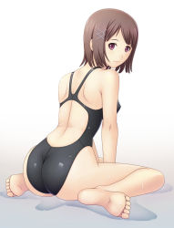 Rule 34 | 1girl, arm support, ass, back, bare arms, barefoot, breasts, brown hair, competition swimsuit, covered erect nipples, feet, from behind, from side, full body, hair ornament, hairclip, kneeling, kuri (kurigohan), leaning forward, looking at viewer, looking back, medium breasts, one-piece swimsuit, purple eyes, red eyes, shiny clothes, shiny skin, short hair, simple background, sitting, skin tight, smile, soles, solo, swimsuit, toes, wariza, water, wet