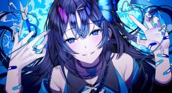 Rule 34 | 1girl, aoi nabi, bandaid, black collar, blue butterfly, blue eyes, blue hair, blue nails, blush, braid, bug, butterfly, collar, earrings, ggatip, hair between eyes, hair ornament, hairpin, highres, indie virtual youtuber, insect, jewelry, long hair, looking at viewer, nail polish, neck ribbon, official art, ribbon, scissors, solo, virtual youtuber, white ribbon, x hair ornament