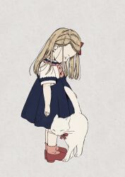 Rule 34 | 1girl, animal, blonde hair, blue dress, bow, cat, dress, from side, full body, hair bow, highres, long hair, looking down, nojikashi, original, pink socks, red bow, red footwear, shoes, short sleeves, simple background, socks, solo, standing, white cat