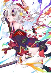 Rule 34 | 1girl, absurdres, bell, commentary request, double bun, dual wielding, floating hair, hair bell, hair between eyes, hair bun, hair ornament, highres, holding, hololive, horns, japanese clothes, jiejeat, kantai collection, karma (nakiri ayame), katana, kimono, looking at viewer, multicolored hair, nakiri ayame, nakiri ayame (1st costume), open mouth, red eyes, red hair, red kimono, shiranui (kancolle), sidelocks, skin-covered horns, solo, streaked hair, sword, thighhighs, virtual youtuber, weapon, white hair, white thighhighs