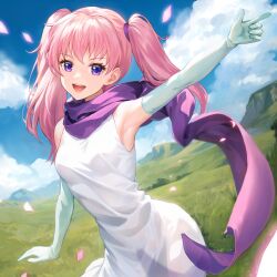 Rule 34 | 1girl, :d, arm up, armpits, bare shoulders, blue sky, cloud, commentary, cowboy shot, day, dress, elbow gloves, fire emblem, fire emblem: the blazing blade, gloves, highres, jurge, long hair, looking at viewer, nintendo, open mouth, outdoors, pink hair, purple eyes, purple scarf, scarf, serra (fire emblem), sky, sleeveless, sleeveless dress, smile, solo, standing, twintails, white gloves