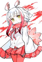 Rule 34 | 1girl, bird tail, blush stickers, closed mouth, commission, frilled sleeves, frills, grey hair, grey wings, head wings, highres, jacket, japanese crested ibis (kemono friends), kemono friends, kibisake, long sleeves, looking at viewer, multicolored hair, neck ribbon, pantyhose, pleated skirt, red background, red hair, red pantyhose, red ribbon, red skirt, ribbon, skeb commission, skirt, sleeves past fingers, sleeves past wrists, solo, tail, two-tone background, two-tone hair, white background, white jacket, wide sleeves, wings, yellow eyes