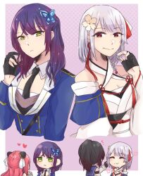 Rule 34 | 4girls, :/, ^ ^, alternate hair length, alternate hairstyle, arm at side, assault lily, bare shoulders, black gloves, black hair, black necktie, blue jacket, blue sailor collar, border, braid, breasts, butterfly hair ornament, chibi, cleavage, closed eyes, closed mouth, collared shirt, commentary, criss-cross halter, cropped torso, detached sleeves, facing another, facing away, flower, flower (symbol), flower knot, funada kiito, funada ui, gloves, green eyes, grey hair, hair flower, hair ornament, hairpods, half gloves, half updo, halftone, halftone background, halterneck, hand in another&#039;s hair, hand up, heart, highres, holding, holding own hair, jacket, japanese clothes, kimono, long hair, long sleeves, looking at another, looking at viewer, medium breasts, medium hair, mole, mole under eye, mole under mouth, multiple girls, multiple views, nagasawa yuki (assault lily), necktie, nigari (ngari 0115), notice lines, obi, obijime, odaiba girls high school uniform, outside border, outstretched arm, partially fingerless gloves, pink flower, ponytail, purple background, purple eyes, purple hair, red hair, sailor collar, sash, school uniform, serafuku, shiba tomoshibi, shirt, siblings, side-by-side, side braid, single braid, sisters, sleeveless, sleeveless shirt, sleeves past wrists, sweatdrop, upper body, white border, white kimono, white shirt, wide sleeves