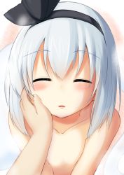 Rule 34 | 1girl, absurdres, blush, closed eyes, collarbone, female focus, flat chest, hairband, highres, incoming kiss, konpaku youmu, lips, looking at viewer, mirino, nude, pov, short hair, solo focus, touhou, upper body, white hair