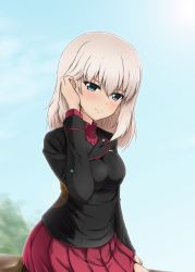 Rule 34 | 10s, 1girl, adjusting hair, black jacket, blue eyes, blush, closed mouth, commentary request, day, diesel-turbo, dress shirt, girls und panzer, itsumi erika, jacket, kuromorimine military uniform, lens flare, light smile, long hair, long sleeves, looking at viewer, military, military uniform, miniskirt, no headwear, outdoors, red shirt, red skirt, shirt, silver hair, sitting, skirt, solo, uniform, upper body, wing collar