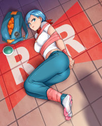 Rule 34 | 1girl, abduction, absurdres, ass, bdsm, belly, blue eyes, blue hair, bondage, bound, bound ankles, bound wrists, breasts, bulma, cleavage, denim, dragon ball, dragon ball (object), dragon ball super, dragon radar, earrings, feet, highres, jeans, jewelry, kidnapped, lipstick, lost one zero, makeup, navel, pants, scarf, shadow, shirt, socks, tape, tape bondage, white shirt