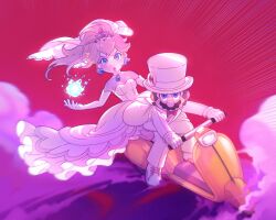 Rule 34 | 1boy, 1girl, blonde hair, blue eyes, blue fire, bow, bowtie, bridal veil, brown hair, dress, earrings, elbow gloves, facial hair, fire, fireball, gloves, hat, highres, ice peach, jacket, jewelry, long hair, looking at viewer, mario, mario (series), mario (tuxedo), mong (mong milo), motor vehicle, motorcycle, mustache, nintendo, official alternate costume, on motorcycle, pants, ponytail, princess peach, princess peach (wedding), red bow, red bowtie, short hair, smoke, sphere earrings, super mario odyssey, top hat, veil, wedding dress, white dress, white gloves, white headwear, white jacket, white pants