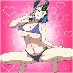 Rule 34 | 1girl, arete (fire emblem), bare arms, bare legs, bare shoulders, barefoot, bikini, black nails, blue bikini, blue hair, blush, breasts, cleavage, covered erect nipples, feet, fire emblem, fire emblem fates, heart, helmet, highres, huge breasts, legs, looking at viewer, micro bikini, mature female, nail polish, navel, nintendo, parted lips, partially visible vulva, short hair, simple background, smile, solo, squatting, swimsuit, thighs, toes, underboob, yellow eyes, yuki (12cut)