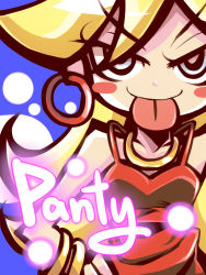 Rule 34 | 10s, 1girl, :p, blonde hair, blue eyes, blush stickers, bracelet, dress, earrings, english text, hands on own hips, jewelry, long hair, necklace, official style, panty &amp; stocking with garterbelt, panty (psg), smile, solo, tanashi (mk2), text focus, tongue, tongue out