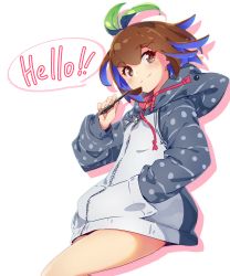 Rule 34 | 1girl, @ @, absurdres, blush, brown hair, colored inner hair, commentary request, english text, eva mashiro, eva mashiro (vtuber), hand in pocket, highres, holding, holding stylus, hood, hood down, hoodie, long sleeves, looking at viewer, multicolored eyes, multicolored hair, original, short hair, simple background, smile, solo, speech bubble, split mouth, sprout on head, stylus, thighs, virtual youtuber, white background