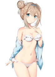 Rule 34 | 1girl, arm at side, bare shoulders, bikini, blue eyes, blue jacket, blush, breasts, brown hair, cleavage, closed mouth, collarbone, cowboy shot, frilled bikini, frills, gin00, girls&#039; frontline, hair between eyes, hair bun, hair intakes, hairband, halterneck, hand up, highres, jacket, legs together, long hair, long sleeves, looking at viewer, medium breasts, navel, off shoulder, official alternate costume, open clothes, open jacket, side bun, sidelocks, simple background, single hair bun, single side bun, sleeves past wrists, smile, solo, standing, stomach, suomi (girls&#039; frontline), suomi (korvatunturi pixie) (girls&#039; frontline), swimsuit, white background, white bikini