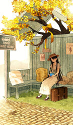 Rule 34 | 1girl, animal, bird, black hair, blue bird, bow, brick floor, bus stop, closed eyes, commentary request, day, dress, grass, hat, highres, hinata (echoloveloli), holding, holding animal, holding bird, long hair, mary janes, original, outdoors, pillow, ribbon, scenery, shoes, short sleeves, sign, sitting, solo, sticker, suitcase, tree, very long hair, white dress, white ribbon, wide shot, yellow bow