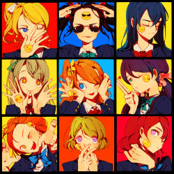 Rule 34 | &gt;:), 10s, 6+girls, ;&lt;, ;d, ;p, arms up, ayase eli, black hair, blazer, blonde hair, blowing kiss, blue background, blue bow, blue bowtie, blue eyes, blue hair, bodypaint, bow, bowtie, brown eyes, brown hair, closed eyes, covered mouth, emoticon, expressions, facepaint, glasses, green bow, green bowtie, hair bow, hand on own face, hands on own face, heart, hoshizora rin, jacket, koizumi hanayo, kosaka honoka, long hair, love live!, love live! school idol project, lucarios, minami kotori, multiple girls, nishikino maki, o3o, one eye closed, one side up, open mouth, orange hair, ponytail, portrait, purple eyes, purple hair, red background, red bow, red bowtie, red hair, scrunchie, short hair, simple background, smile, sonoda umi, striped bow, striped bowtie, striped clothes, striped neckwear, sunglasses, sweatdrop, tongue, tongue out, tojo nozomi, twintails, upper body, v-shaped eyebrows, yazawa nico, yellow background, yellow eyes