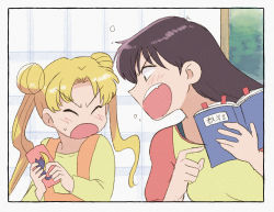 Rule 34 | 2girls, bishoujo senshi sailor moon, black hair, blonde hair, blush, book, bookmark, brown eyes, cellphone, closed eyes, commentary, day, double bun, fang, from side, hair bun, hino rei, holding, holding book, holding phone, indoors, long hair, looking at another, multiple girls, open door, open mouth, overalls, parted bangs, phone, profile, shirt, shouting, sliding doors, smartphone, straight hair, sweatdrop, textbook, tsubobot, tsukino usagi, twintails, yellow shirt