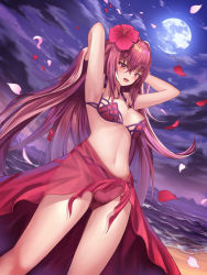 Rule 34 | 1girl, :d, absurdres, bad id, bad pixiv id, beach, bikini, breasts, brown hair, cleavage, cloud, cup6542, dutch angle, fate/grand order, fate (series), floating hair, flower, full moon, hair between eyes, hair flower, hair ornament, hands in hair, hibiscus, highres, large breasts, long hair, moon, navel, night, ocean, open mouth, outdoors, petals, red bikini, red eyes, red flower, sarong, scathach (fate), scathach (fate/grand order), scathach (swimsuit assassin) (fate), see-through, sky, smile, solo, standing, star (sky), starry sky, swimsuit, underboob, very long hair
