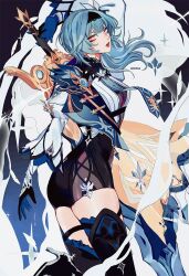 Rule 34 | 1girl, black gloves, black shorts, black thighhighs, blue gloves, blue hair, blue necktie, eula (genshin impact), genshin impact, gloves, greatsword, highres, holding, holding sword, holding weapon, light blue hair, long hair, looking at viewer, necktie, orange eyes, parted lips, shirt, shorts, solo, sword, teeth, thighhighs, vacuumchan, weapon, white shirt
