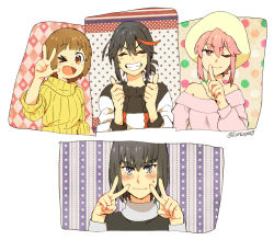 Rule 34 | 4girls, ;), ;d, ^ ^, argyle, argyle background, argyle clothes, black hair, blue eyes, blush, brown eyes, brown hair, cable knit, casual, clenched teeth, closed eyes, double v, embarrassed, finger to mouth, fingernails, floral background, grin, happy, hat, jakuzure nonon, kazaya, kill la kill, kiryuuin satsuki, long sleeves, looking at viewer, mankanshoku mako, matoi ryuuko, multicolored hair, multiple girls, nervous, off shoulder, one eye closed, open mouth, pink background, pink eyes, pink hair, pink shirt, polka dot, polka dot background, red hair, shirt, short hair, siblings, simple background, sisters, smile, star (symbol), starry background, streaked hair, striped, striped background, sweatdrop, sweater, teeth, thick eyebrows, thumbs up, turtleneck, twitter username, v, v-shaped eyebrows, wavy mouth, white background, yellow sweater