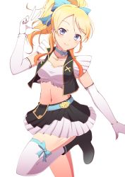 Rule 34 | 10s, 1girl, ayase eli, blonde hair, blue eyes, bow, choker, elbow gloves, gloves, hair bow, highres, looking at viewer, love live!, love live! school idol project, midriff, navel, no brand girls, ookami maito, ponytail, short hair, simple background, skirt, smile, solo, thighhighs, white background, white gloves, white thighhighs