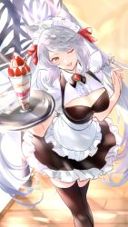 Rule 34 | 1girl, absurdres, alternate costume, apron, black dress, black thighhighs, braid, breasts, brooch, center frills, cleavage, collarbone, commission, cross tie, dress, enmaided, feet out of frame, food, fraux, frilled dress, frills, granblue fantasy, grey hair, hands up, highres, holding, holding tray, ice cream, indoors, jewelry, large breasts, long hair, maid, maid apron, maid headdress, nattsun (018), one eye closed, open mouth, skeb commission, smile, solo, standing, sundae, thighhighs, tray, twintails, twitter username, yellow eyes