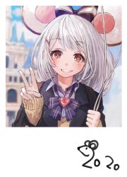 Rule 34 | 1girl, 2020, alternate costume, animal ears, bad id, bad twitter id, blurry, blurry background, bow, brooch, brown eyes, castle, disneyland, fake animal ears, granblue fantasy, grin, hair ornament, hairclip, heart, heart brooch, jewelry, photo (object), sleeves past wrists, smile, solo, v, vikala (granblue fantasy), white hair