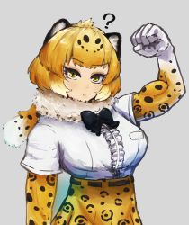 Rule 34 | 1girl, ?, adeshi (adeshi0693119), animal ears, animal print, arm at side, arm up, biceps, black bow, black hair, blonde hair, bow, bowtie, breast pocket, breasts, center frills, clenched hand, closed mouth, elbow gloves, flexing, frills, fur scarf, gloves, grey background, high-waist skirt, highres, jaguar (kemono friends), jaguar ears, jaguar print, kemono friends, looking at viewer, medium hair, multicolored hair, muscular, muscular female, orange hair, pocket, print gloves, print scarf, print skirt, scarf, shirt, shirt tucked in, short sleeves, simple background, skirt, solo, upper body, white shirt, yellow eyes