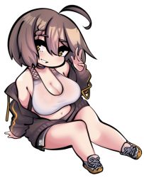 Rule 34 | 1girl, ahoge, arm support, azur lane, baltimore (azur lane), baltimore (black ace) (azur lane), bare shoulders, black choker, black jacket, black shorts, braid, breasts, brown hair, chibi, choker, cleavage, commentary request, french braid, full body, grin, hair between eyes, hand up, jacket, large breasts, long sleeves, looking at viewer, midriff, navel, off shoulder, partially unzipped, shoes, short hair, short shorts, shorts, sidelocks, simple background, sitting, smile, sneakers, solo, sports bra, sugoidere, taut clothes, teeth, transparent background, wet bra, white background, white sports bra, yellow eyes