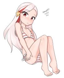 Rule 34 | 1girl, absurdres, aged down, barefoot, bikini, blonde hair, dated, feet, flat chest, frilled bikini, frills, full body, highres, kantai collection, long hair, maru (marg0613), massachusetts (kancolle), multicolored hair, red eyes, red hair, simple background, solo, streaked hair, striped bikini, striped clothes, swimsuit, toes, twitter username, white background