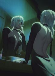 Rule 34 | 1girl, backless dress, backless outfit, bathroom, chainsaw man, choker, cigarette, cropped legs, dress, highres, holding, holding cigarette, indoors, kantakerro, lips, long sleeves, looking at viewer, mirror, quanxi (chainsaw man), reflection, solo, standing, white hair
