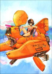 Rule 34 | 1girl, bow, bowtie, breasts, brown eyes, brown hair, bullet, cleavage, collar, day, flying vehicle, gloves, helmet, highres, holding, holding helmet, knee up, large breasts, leotard, looking at viewer, mecha, non-web source, original, outdoors, painting (medium), pink gloves, pink leotard, robot, shirou masamune, short hair, sitting, sky, solo, traditional bowtie, traditional media, watercolor (medium), wide shot