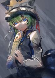 Rule 34 | 1girl, amamitsu kousuke, bad id, bad twitter id, blue eyes, blue hat, blue skirt, blue vest, colored eyelashes, commentary, epaulettes, frilled hat, frills, green hair, grey background, hair between eyes, hat, hat ribbon, highres, holding, juliet sleeves, long sleeves, looking at viewer, one-hour drawing challenge, puffy sleeves, red ribbon, ribbon, rod of remorse, shiki eiki, shirt, short hair, sketch, skirt, skirt set, solo, touhou, upper body, vest, white ribbon, white shirt