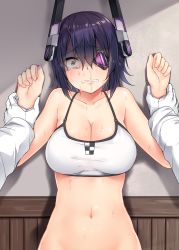 Rule 34 | 10s, 1boy, 1girl, absurdres, admiral (kancolle), against wall, bikini, bikini top only, blush, breasts, cleavage, clenched teeth, collarbone, commentary request, crying, crying with eyes open, eyepatch, gloves, headgear, highres, imminent rape, jack dempa, kantai collection, large breasts, military, military uniform, naval uniform, navel, purple hair, scared, snot, solo focus, sweat, swimsuit, tears, teeth, tenryuu (kancolle), uniform, upper body, white bikini, white gloves, wide-eyed